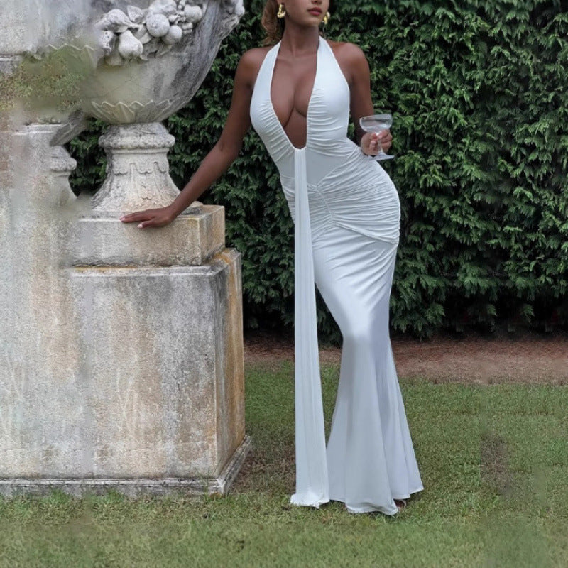 Solid Color Elegant Halter Deep V Waist-slimming Long Dress