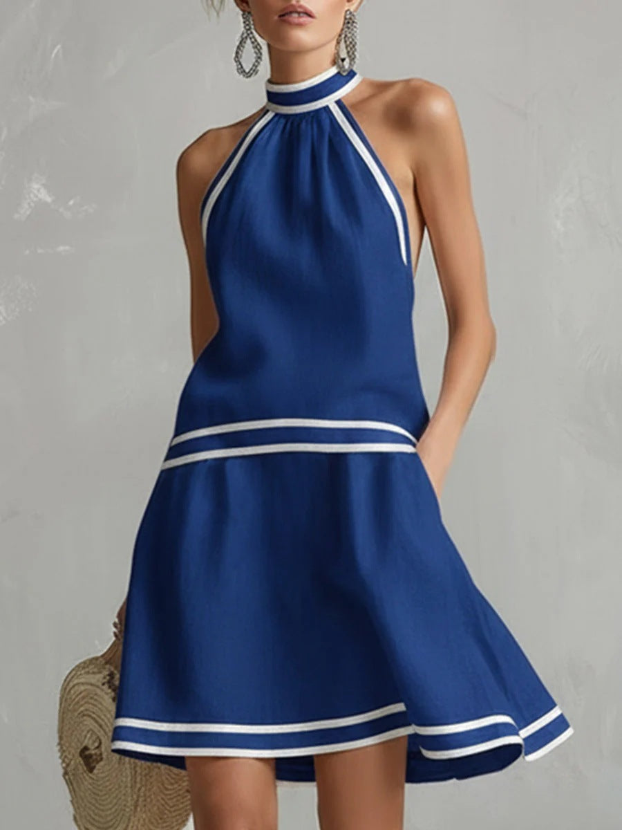 Women's Striped Trim Choker Neck Sleeveless Mini Dress