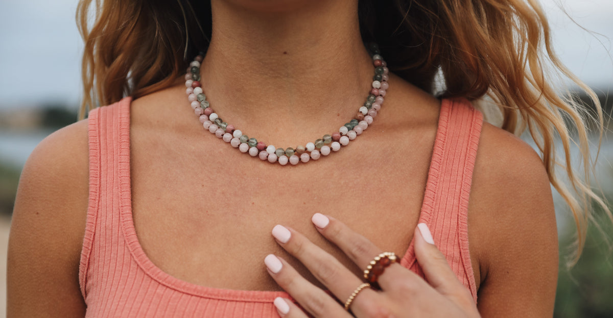 Fluorite + Pierre de Lune + Rhodonite || Collier en Pierres Naturelles