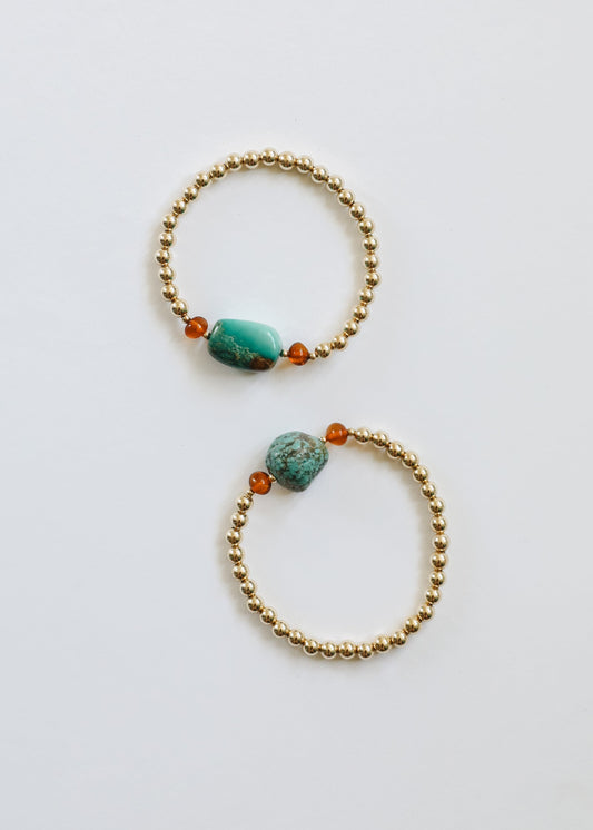 Turquoise Naturelle + Ambre de la Baltique || Or rempli 14 carats || Bracelet extensible pour adulte