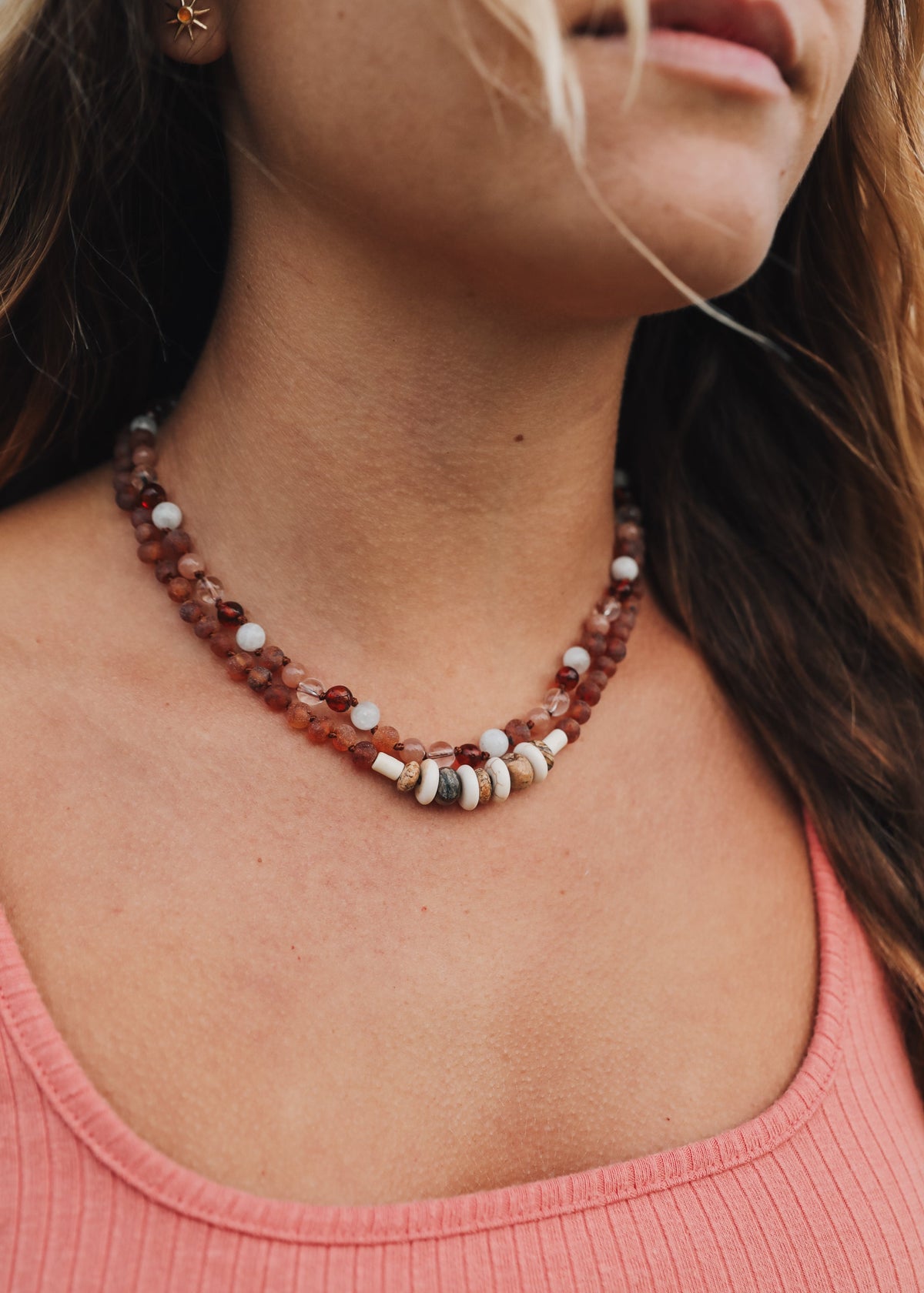Collier en Pierres Précieuses Naturelles || Ambre de la Mer Baltique || Pierre de Soleil + Pierre de Lune