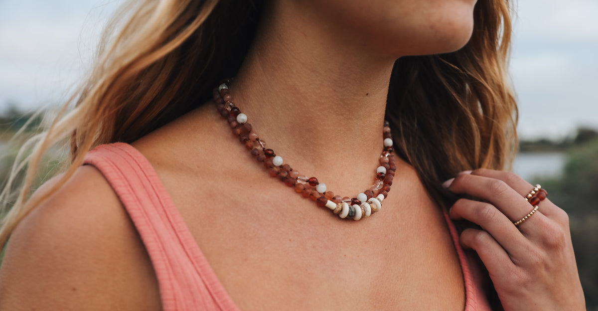 Collier en Pierres Précieuses Naturelles || Ambre de la Mer Baltique || Pierre de Soleil + Pierre de Lune