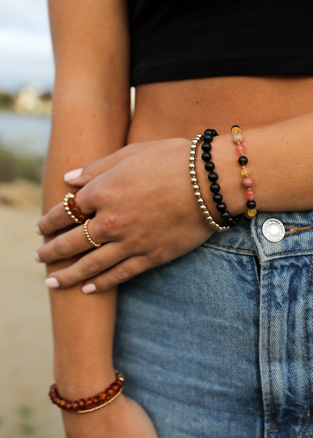 Miel Brut Ambre de la Baltique : Quartz Fumé + Rhodochrosite || Collier