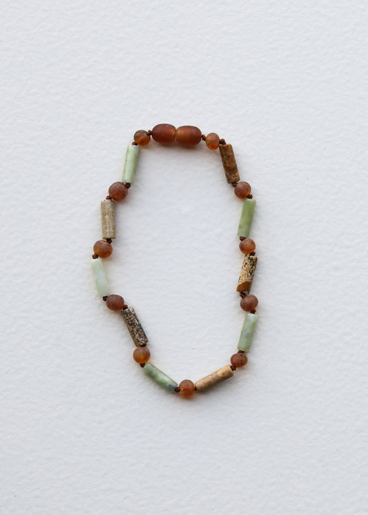 Ambre de la Baltique cognac brut + Jade vert + Agate rayée || Bracelet de cheville ou Bracelet