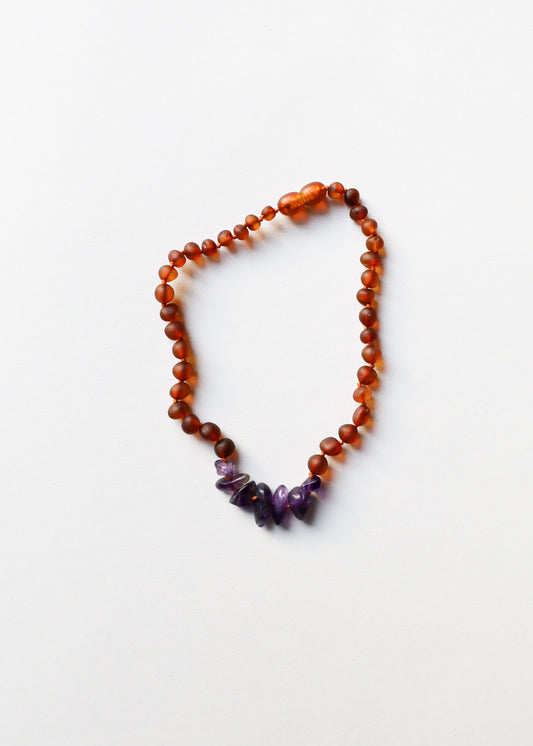 Ambre brut de la Baltique Cognac + Améthyste brute || Collier
