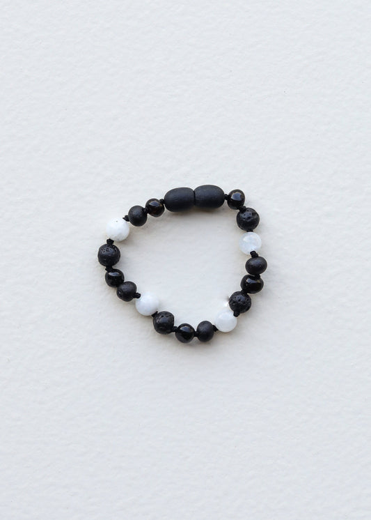 Roh, schwarz, baltischer Bernstein + Mondstein || Fußkettchen oder Armband