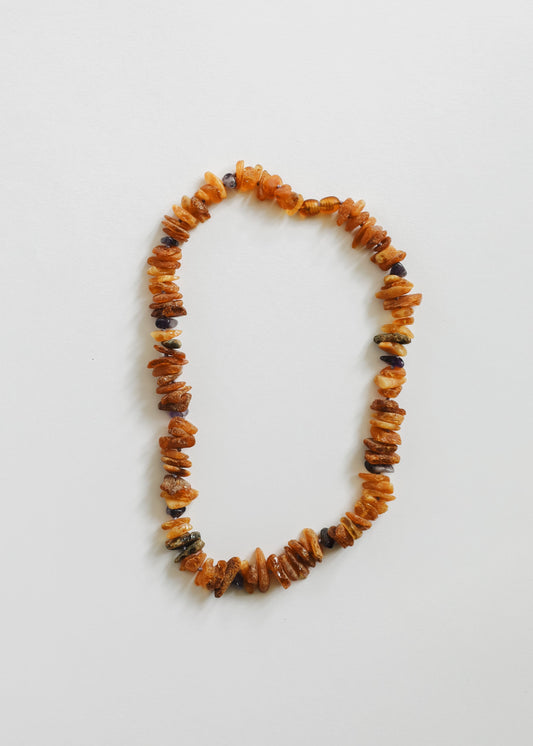 Haustierhalskette: Roher Baltischer Bernstein + Roher Amethyst