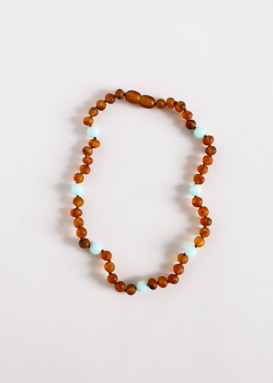 Ambre Baltique Cognac brut + Amazonite || Collier Halo ||