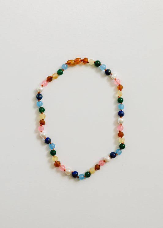 Raw Baltic Amber and Pearl Necklace + Sweet Pink Gemstones