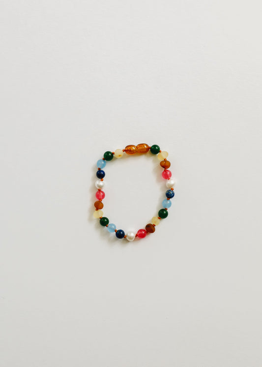 Bracelet Ambre de la Baltique brute et Perles + Pierres précieuses Rose vif