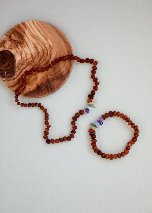 Roh-Cognac-Bernstein + Roh-CHAKRA-Kristalle || Erwachsenen-Armband