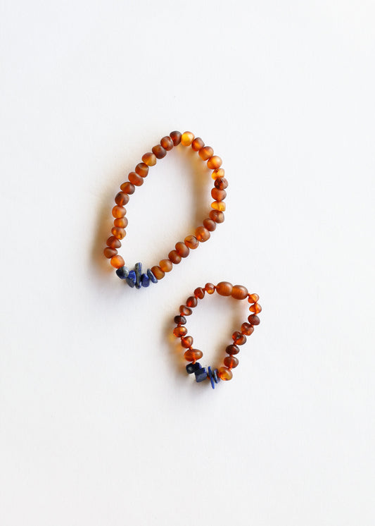 Ambre de la Baltique cognac brut + Lapis Lazuli || Ensemble de bracelets