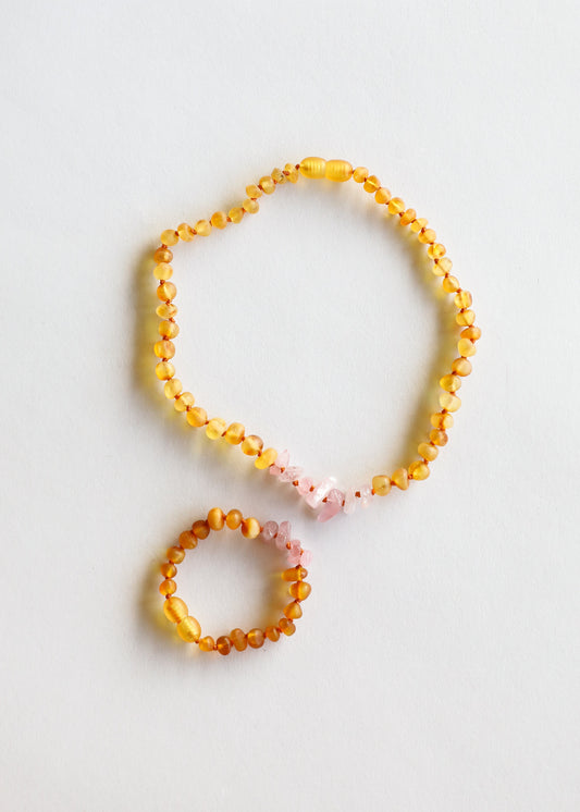Miel Brut Ambre de la Baltique + Quartz Rose Brut || Ensemble pour Enfants