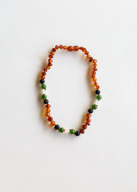 Ambre de la Baltique cognac brut || Lave + Jade + Agate || Collier