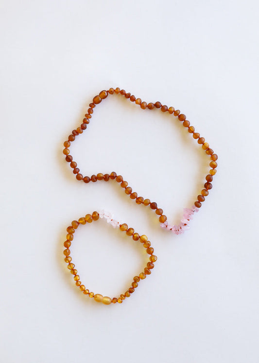 Ambre brut de Cognac de la Baltique + Quartz rose brut || Parure de collier