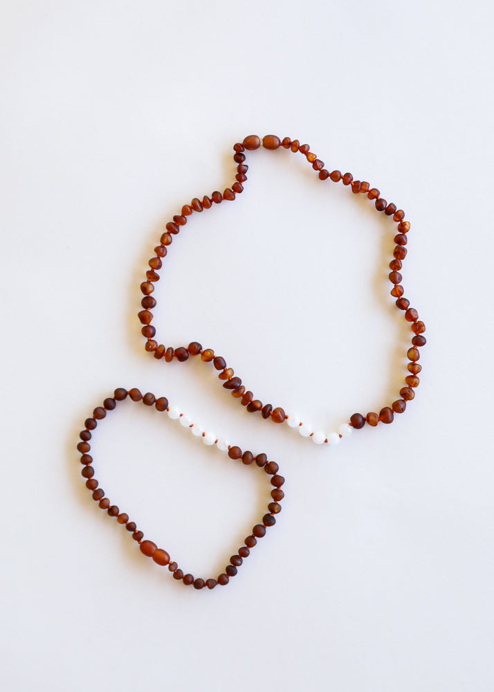 Ambre de la Baltique brut Cognac + Pierre de lune || Ensemble collier