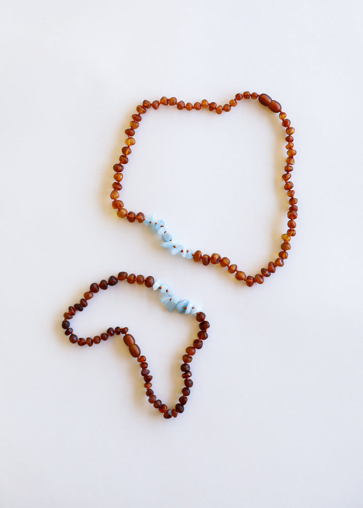 Roh-Cognac Baltischer Bernstein + Aquamarin || Halsketten-Set