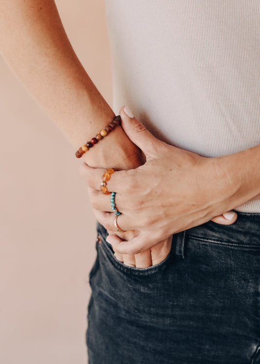 Natur Bernstein Cognac + Mookait-Jaspis || Elastisches Armband für Erwachsene