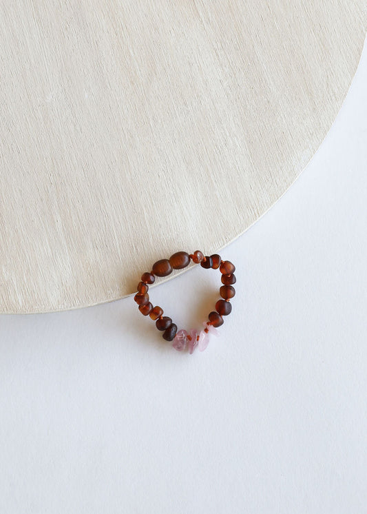 Roher Cognac-Baltikum-Bernstein + Roher Rosenquarz || Fußkettchen oder Armband