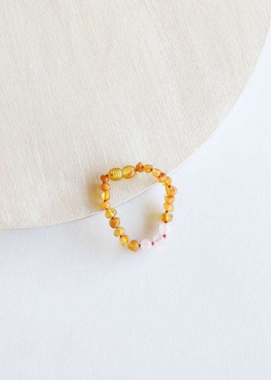 Miel Brut Ambre de la Baltique + Quartz Rose || Bracelet de cheville ou de poignet