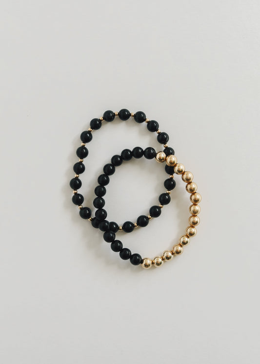 Schungit : 14k Gold Filled Sonne + Mond || Stretch-Armbänder