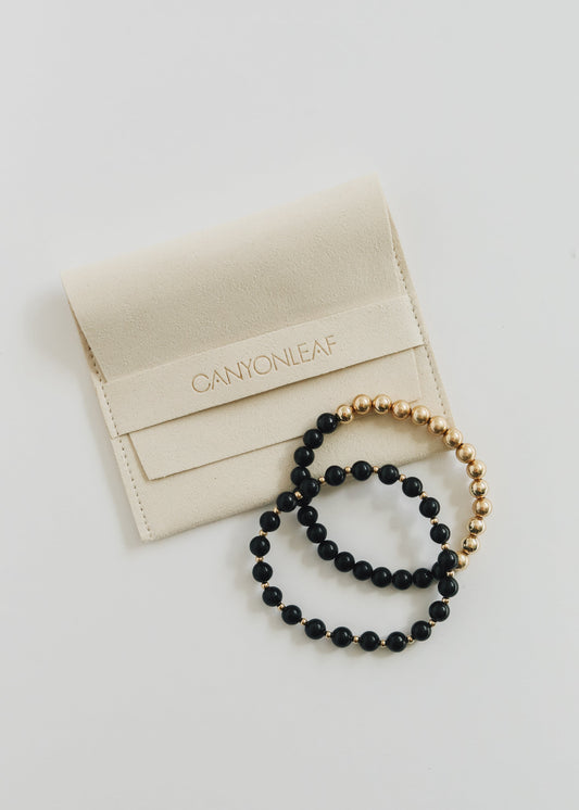 Shungite : Soleil + Lune en or laminé 14 carats || Bracelets extensibles