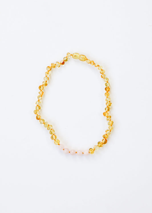 Ambre de la Baltique poli miel + Quartz rose || Collier