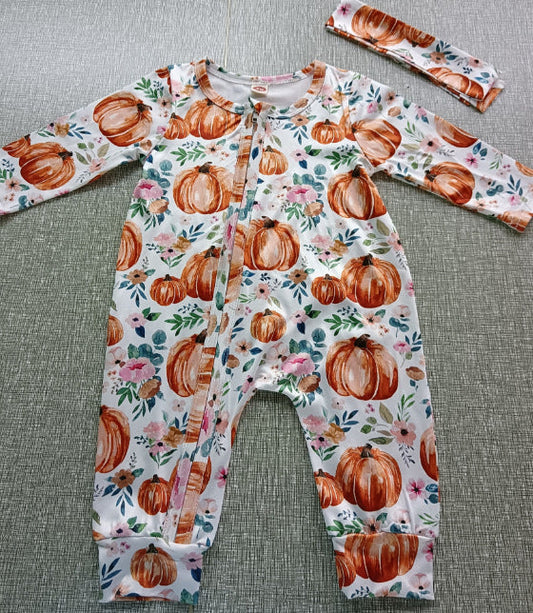 Baby Girls Footies Floral Print Ruffles Single Breasted Playsuit Headband Clothes Outfits For Girls with Bow Floral Printed