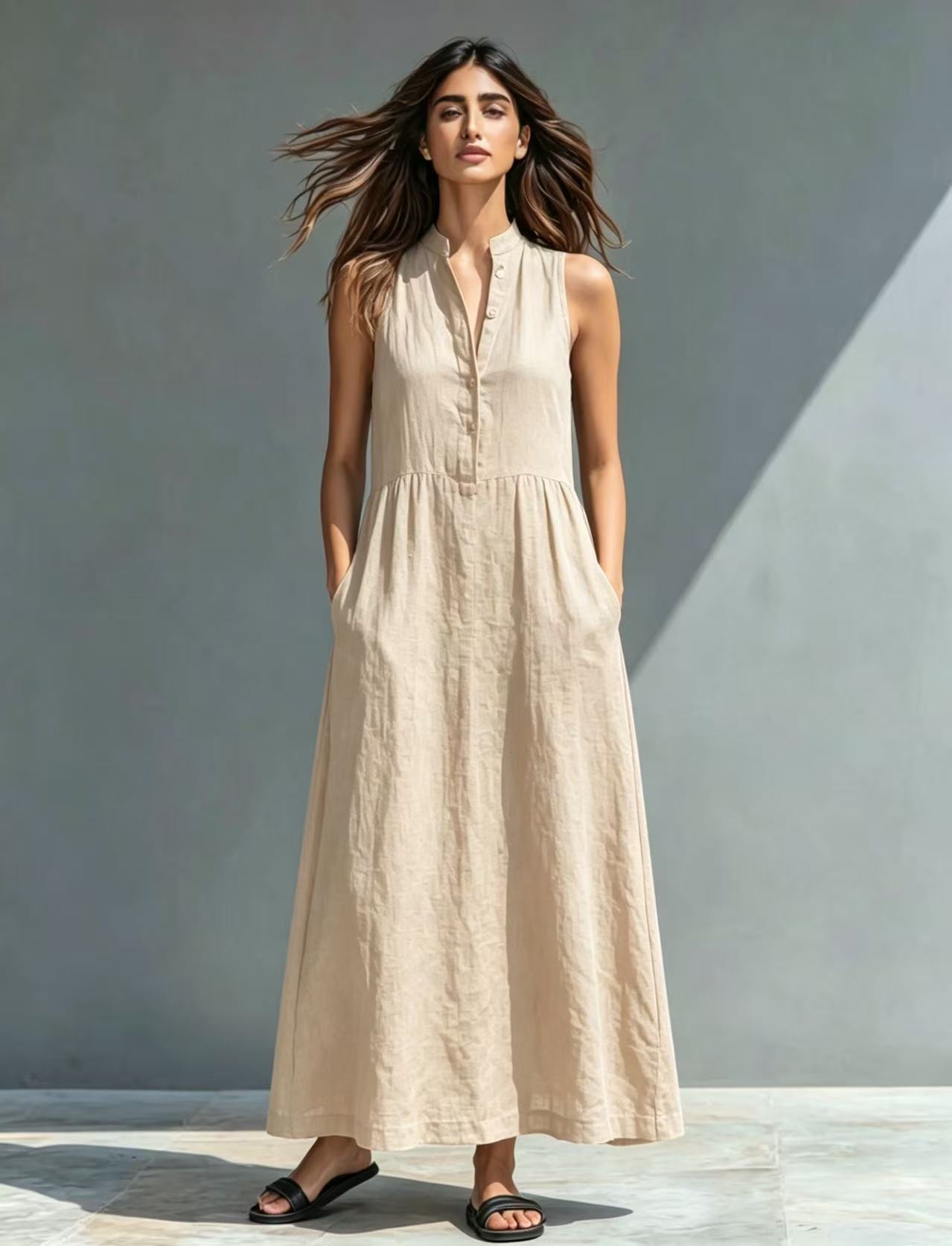 Women's Stand-Collar A-Line Maxi Dress – Resort & Vacation Style