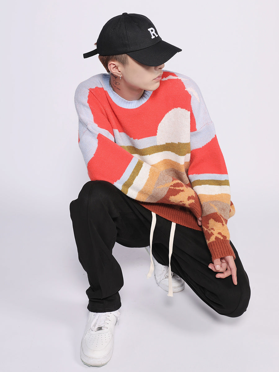 Pull en tricot motif scène agricole
