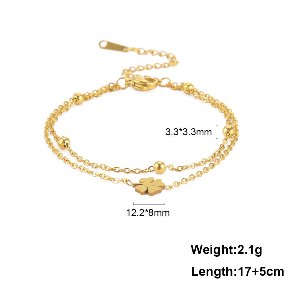 Stainless Steel Cut Clover Charm Double-layer Ankle Bracelet For Women