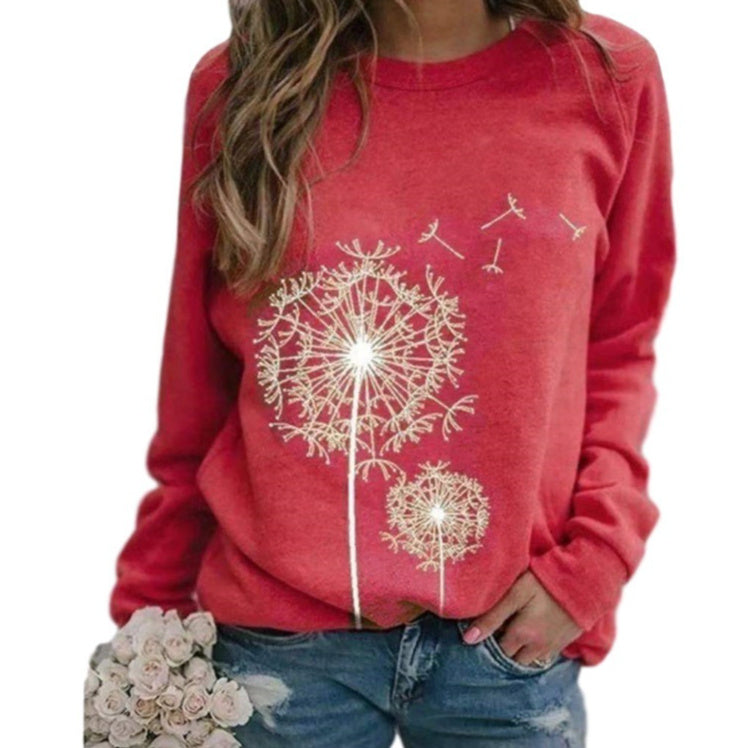 Womens Dandelion-Print Crew-Neck Long-Sleeve Loose Casual Sweatshirt