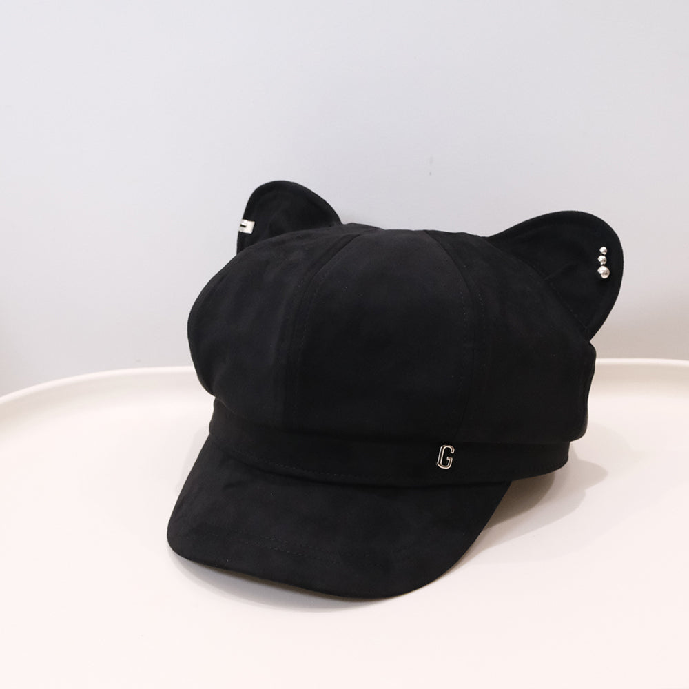 Autumn Winter Cute Cat Ears Octagonal Beret With Solid Color Vintage Style Pin Head Newsboy Hat - A Casual Outfit-Wear Hat With Unique Personality