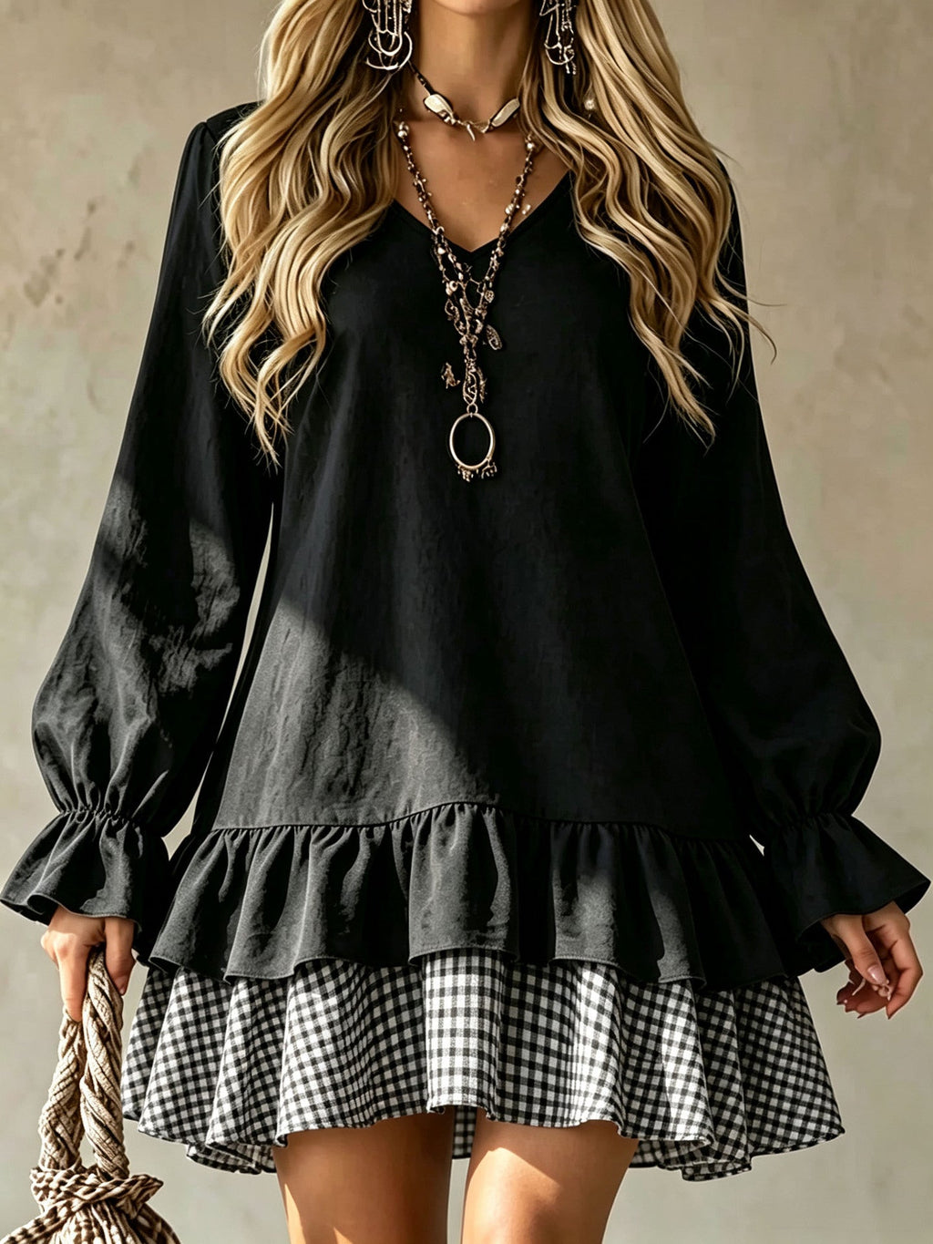 Women's V-Neck Ruffle Sleeve Plaid Patchwork Mini Dress