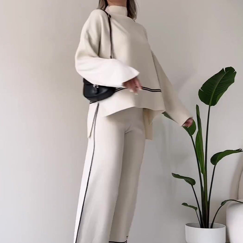 Women’s Solid Color Casual Two-Piece Set – Loose Top & Bootcut Pants Suit