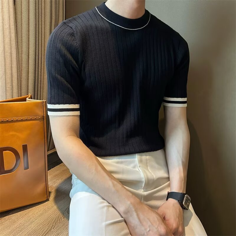 Men's Short-Sleeve Ice Silk Knit Shirt Crew-Neck Slim-Fit Sweater
