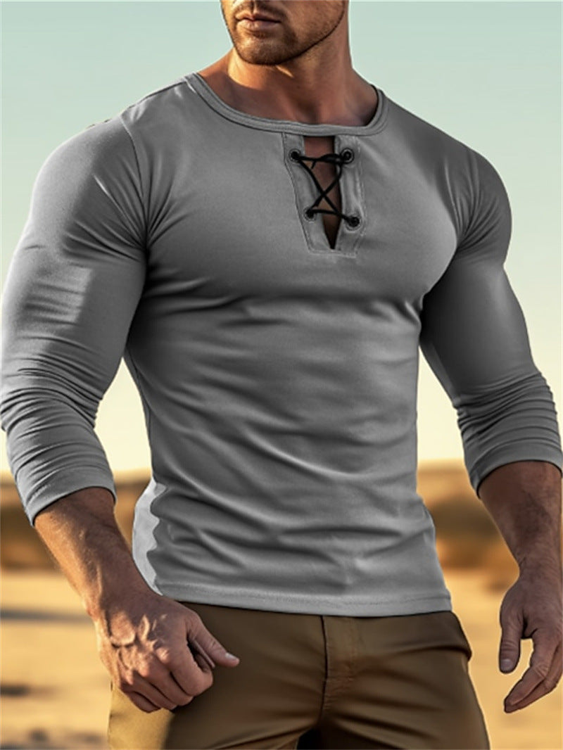 Mens Round-neck Solid-color Long-sleeve Top With Buttons