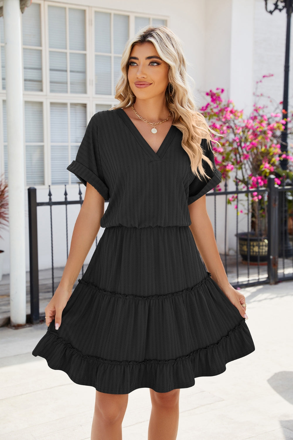Short Sleeve Tiered Mini Dress Feminine & Flowy Modern Women Summer Dress