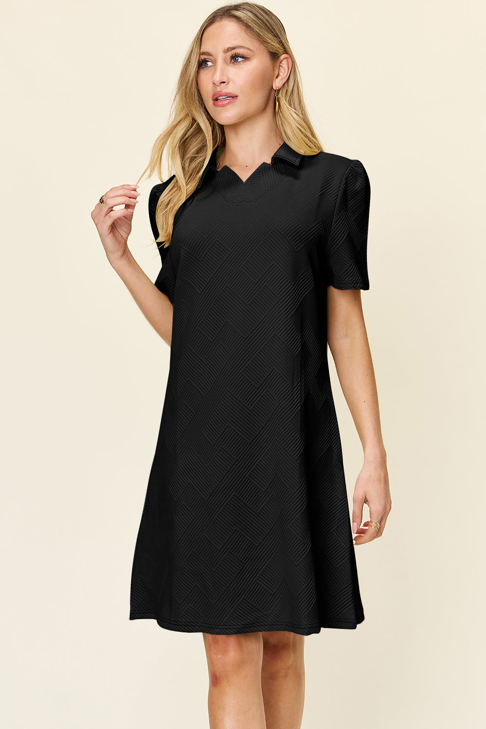 Double Take Full Size Texture Collared Neck Short Sleeve Dress Textured Dress For Women