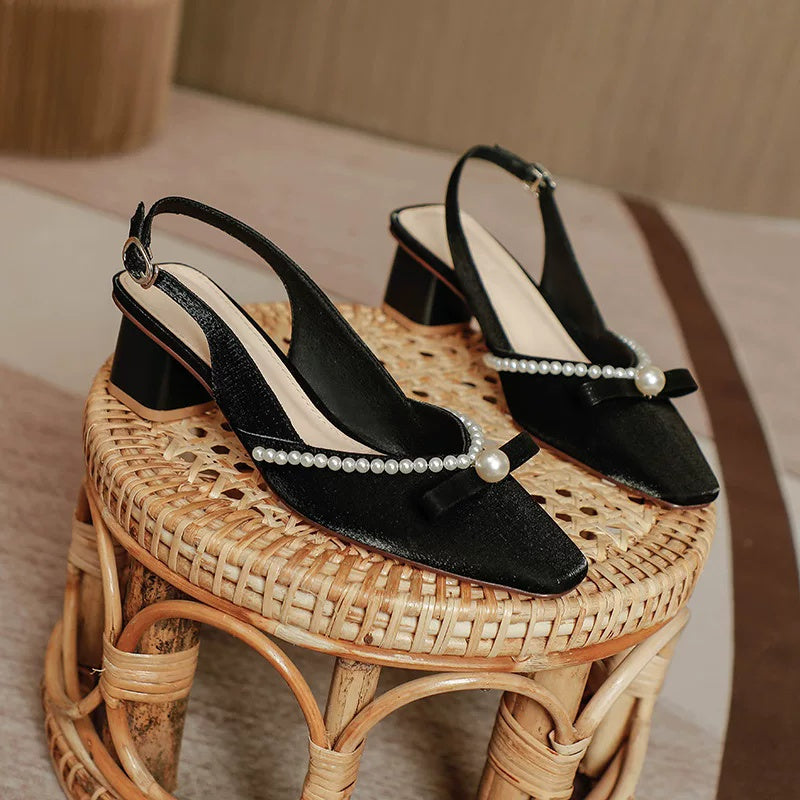 Women Block Heel Closed Toe Sandals, 2026 Summer New Fashion Square Toe Back Strap Pearl Fairy Style High Heel Pumps