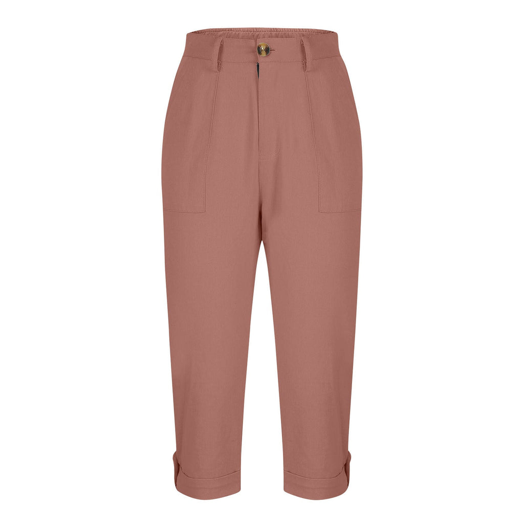 Cross-border Women's Solid Color Workwear Pants Waist Button Pants Ear Design Pants Leg Curled Women's Cropped Pants