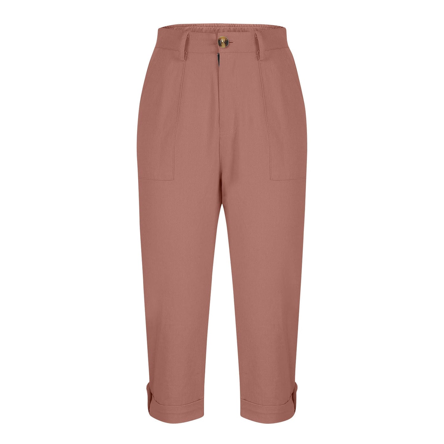 Cross-border Women's Solid Color Workwear Pants Waist Button Pants Ear Design Pants Leg Curled Women's Cropped Pants