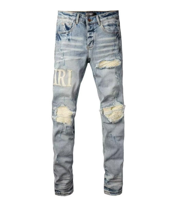 Punk Retro Blue Ripped Slim Fit Men's Jeans