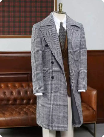 Autumn And Winter Men's Plaid Thick Warm Woolen Polo Coat