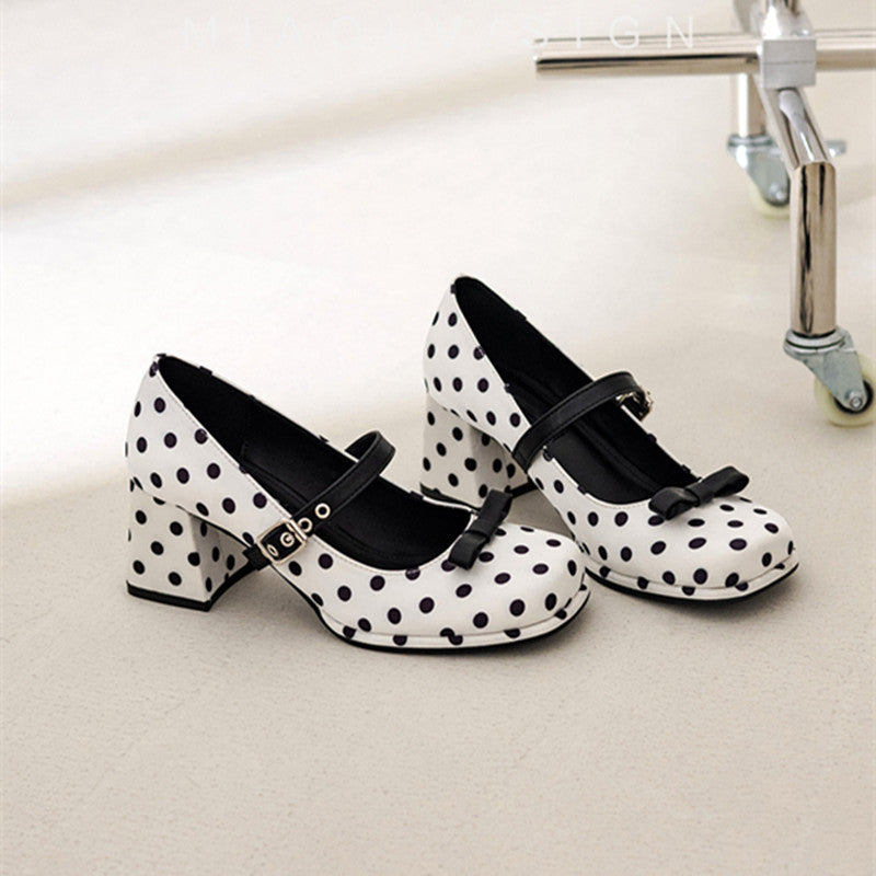 Fashionable Polka Dot Bow Mary Jane Shoes For Women In Spring, Sweet And Stylish, Thick Soled, Thick Heel, Single Button Small Fragrant High Heels