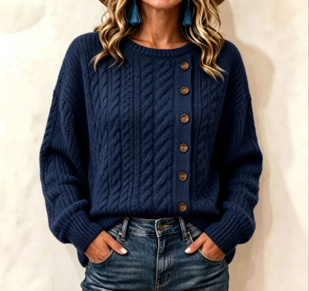 Womens Knitted Casual Comfortable Long-Sleeve T-Shirt With Buttons
