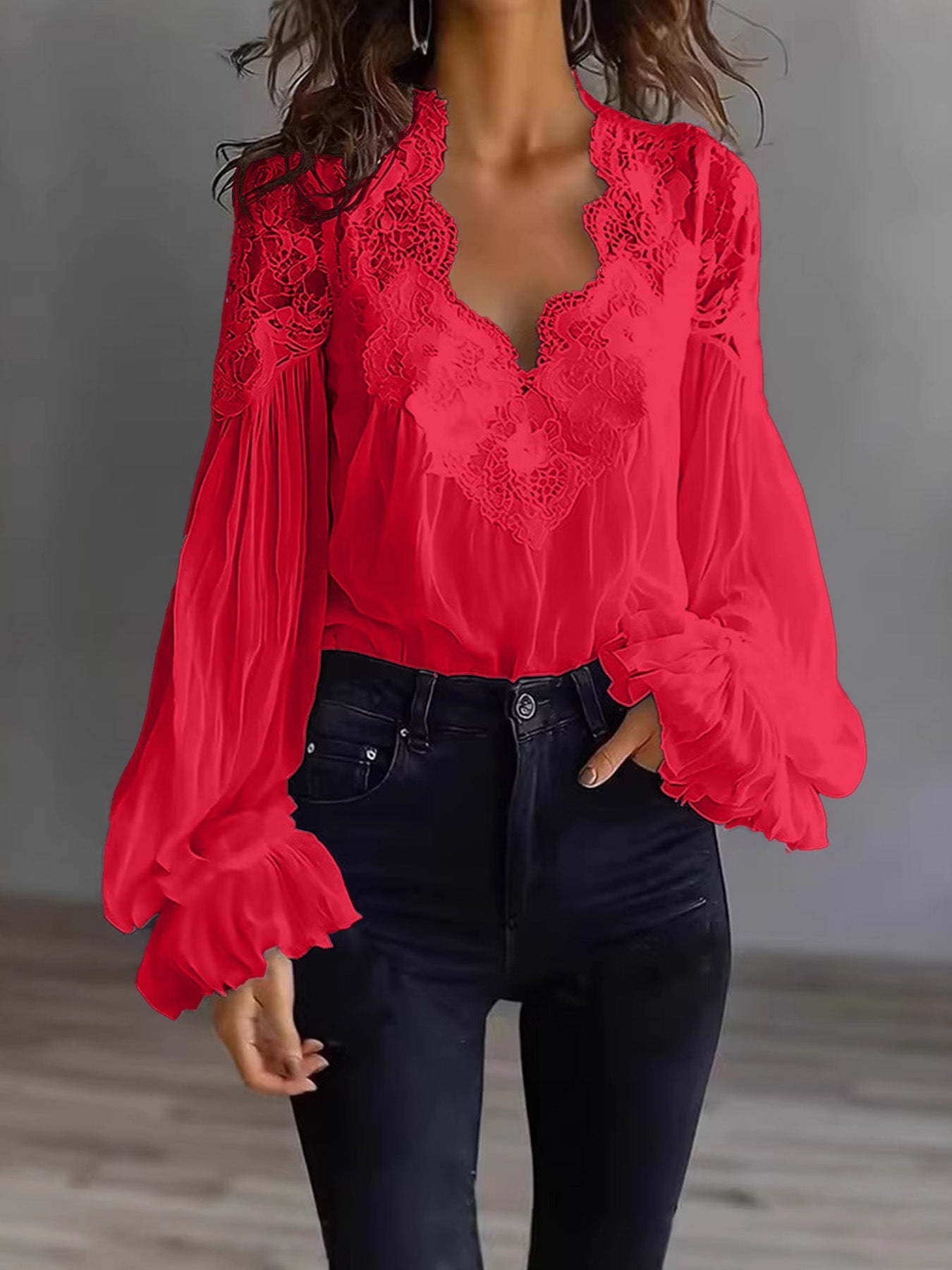 Lace-Panel Puff Sleeve Pleated Ruffle Shirt | Ballet Style