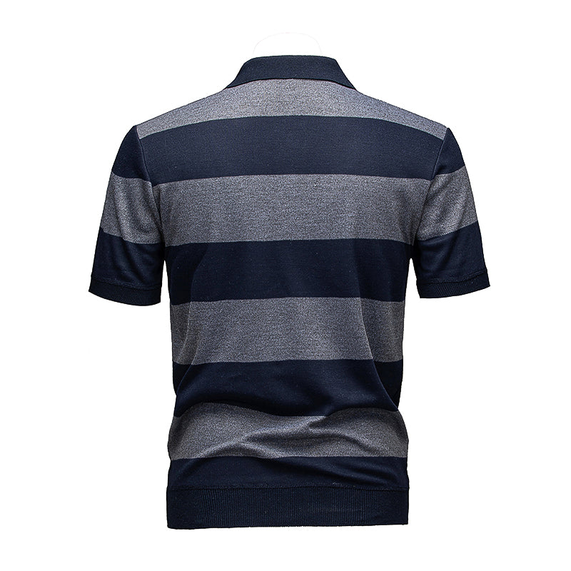 Men's Navy & Grey Horizontal Striped Knit Polo Shirt, Short Sleeve Casual Top