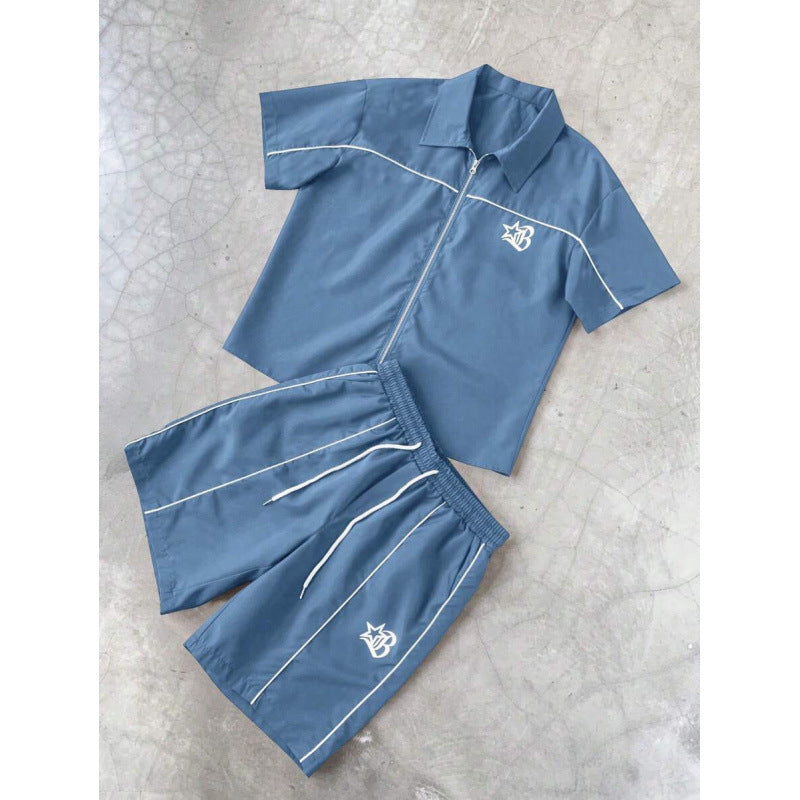 Striped Zip-front Short-sleeve Shirt And Shorts Set