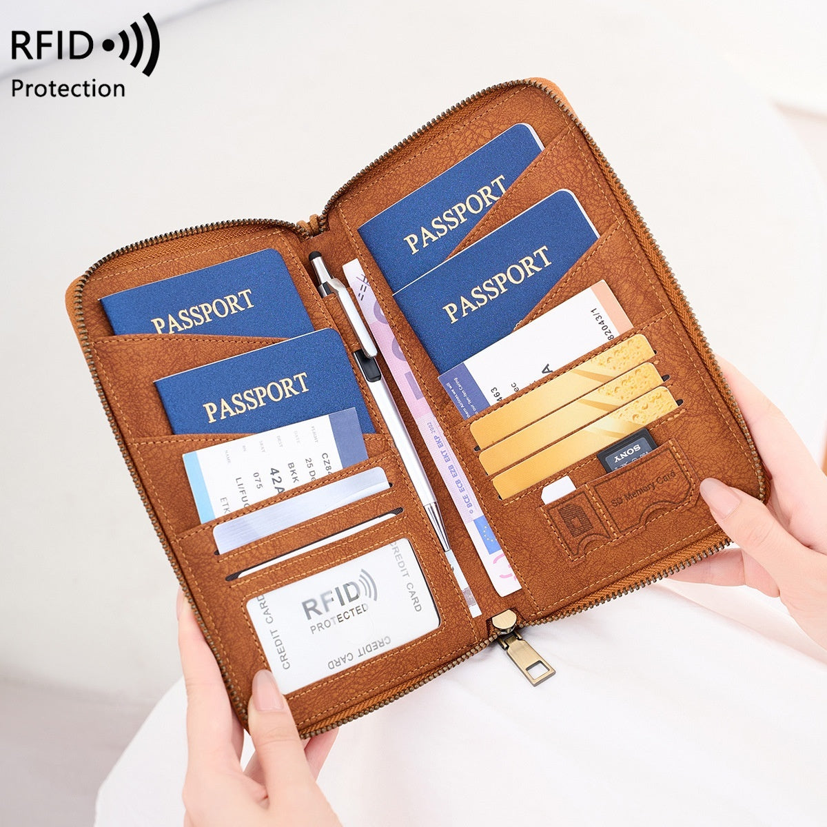 Cross-border RFID-blocking Passport Holder Long-style Zippered Passport Case Multi-functional Travel Document And Ticket Organizer